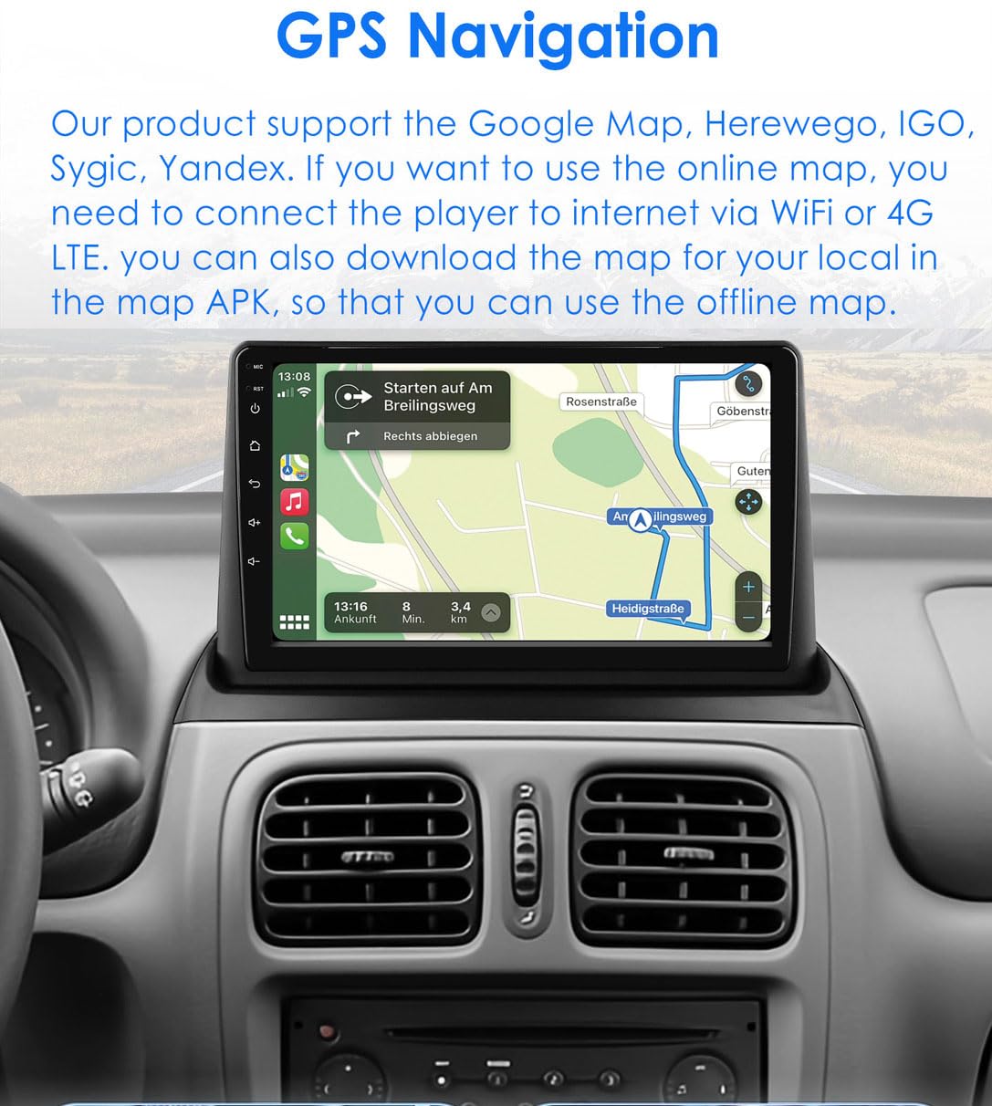 Radio samochodowe Bluetooth z ekranem, 9" ekran dotykowy, radio samochodowe z bezprzewodowym CarPlay Android Auto do Renault Clio II 2 BB CB BB0 SB0 Mk2 II Twigo I C06 S06 furgon 1998-2016, 4G + 64G