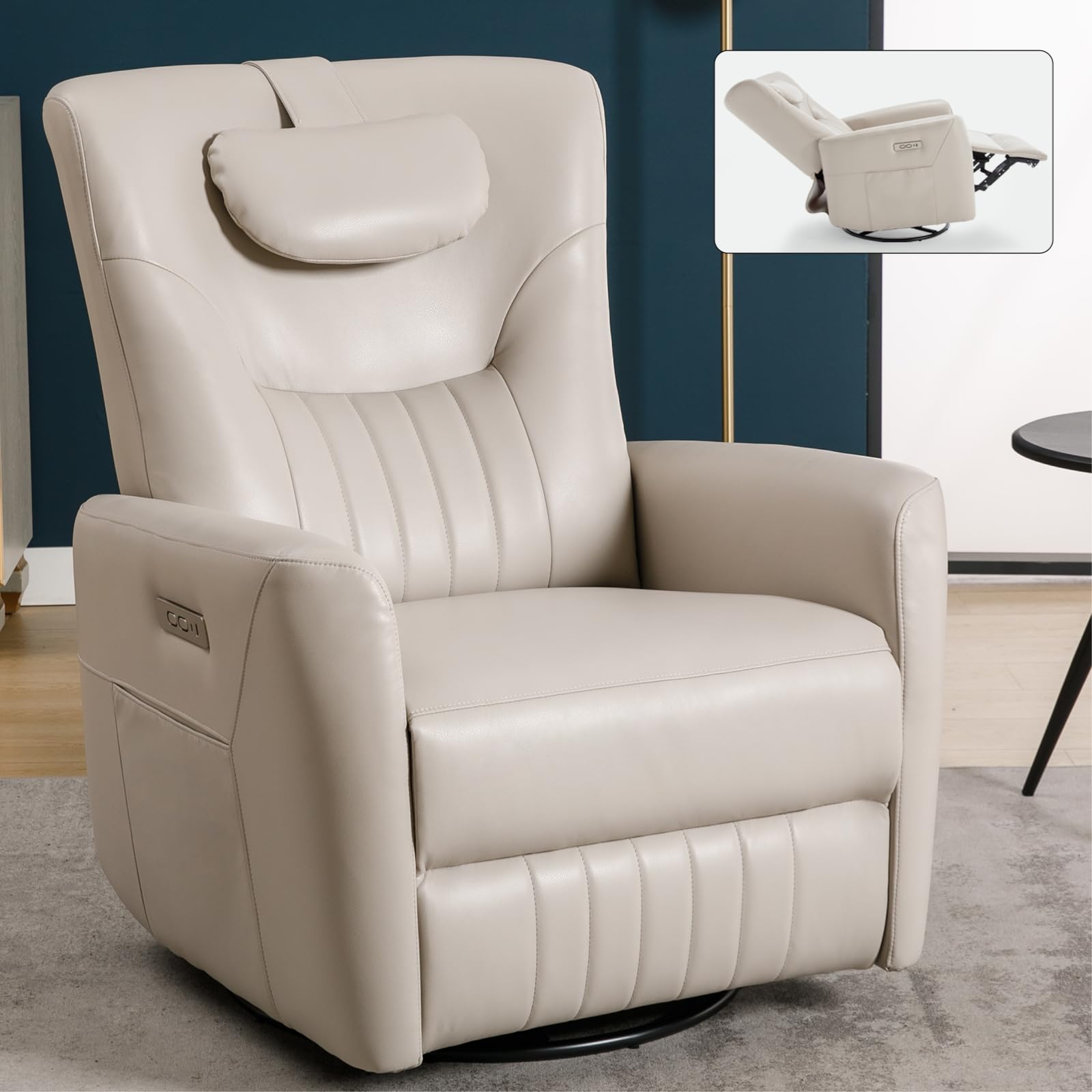 glider rocker swivel power recliner chair with lumbar and neck support pillowswivel rocking recliner with usb and type-c ports nursery chair sofa for living room beigemetal