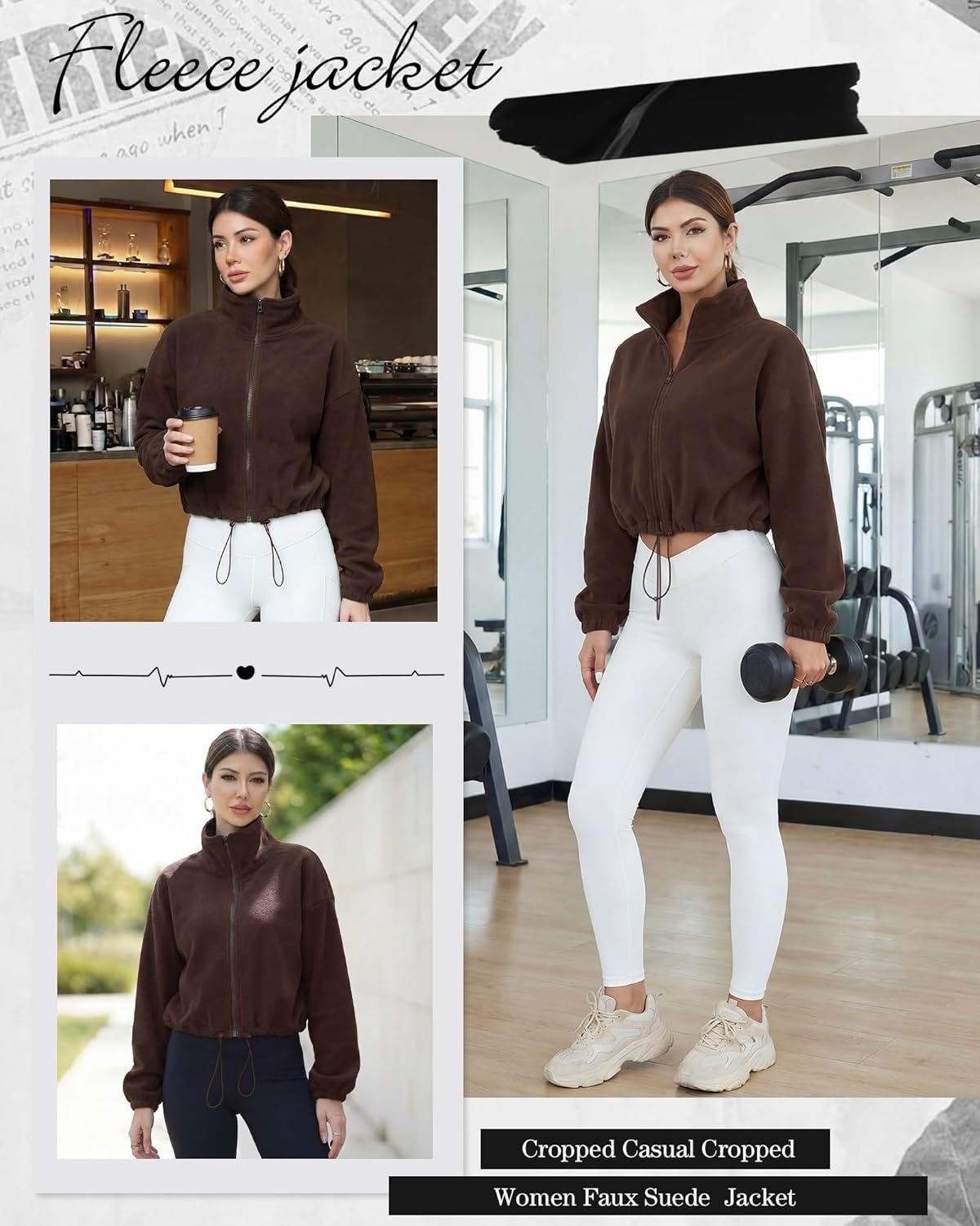 Cuffbow Women Full Zip Fleece Jacket Cropped Stand Collar Jacket Long Sleeve Sherpa Coat Drawstring Hem 2025 Winter Outfit - Image 4