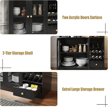 HedoAjim Wine Bar Cabinet with Tempered Acrylic Door & Rack, Freestanding Buffet Sideboard with Glass Holder, Coffee Bar Cabinet for Home Kitchen Living Dining Room, Drawers, Large, LED Lights(Black)