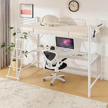 Loft Bed, Adult with Desk, Pipe Bed, Loft, Steel, Ladder Included, Single Bed, Pipe, Bed Frame with Outlet, Shockproof, Durable, Under Bed Storage, Space Saving, Height 66.9 inches 170 cm Type C White