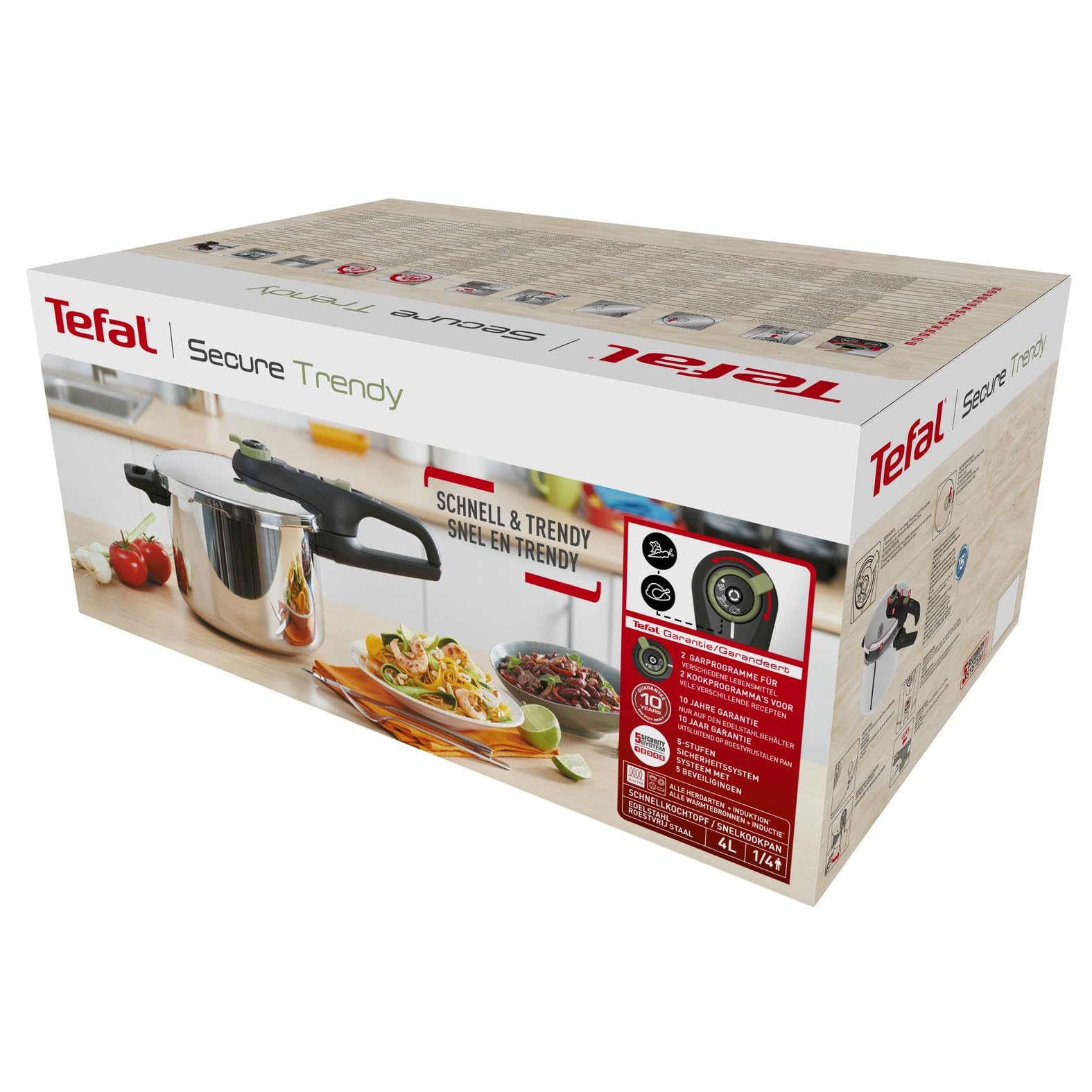 Tefal Secure Trendy Schnellkochtopf Induktion 4l, 2-Stufen-Garregler: Intensivstufe 117°C, Schonstufe 112°C, Induktions-Kapselboden, für alle Herdarten, Edelstahl/Schwarz/Grün, P2580400