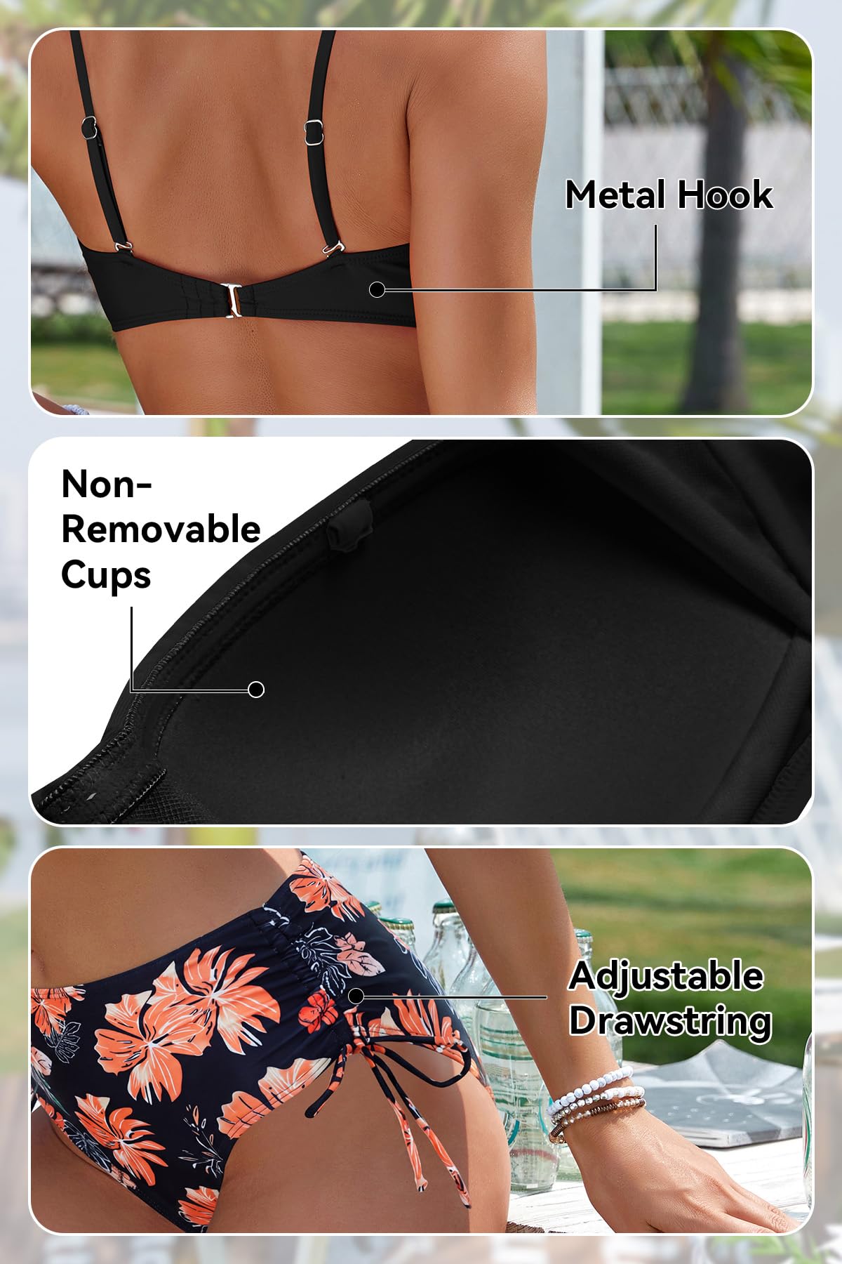 SHEKINI Bikini Set Stampa Floreale Due Pezzi Backless Swimwear Spiaggia Mare Beachwear con Spalline Amovibili Costume da Bagno con Cravatta Laterale