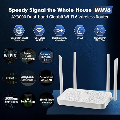 Miniatura 2 de Binardat Router inalámbrico de Internet WiFi6 AX3000, 2.4G5G banda dual 160MHz ancho de banda 2x2 MIMO, 4 puertos WANLAN Gigabit Ethernet, MESHWPS