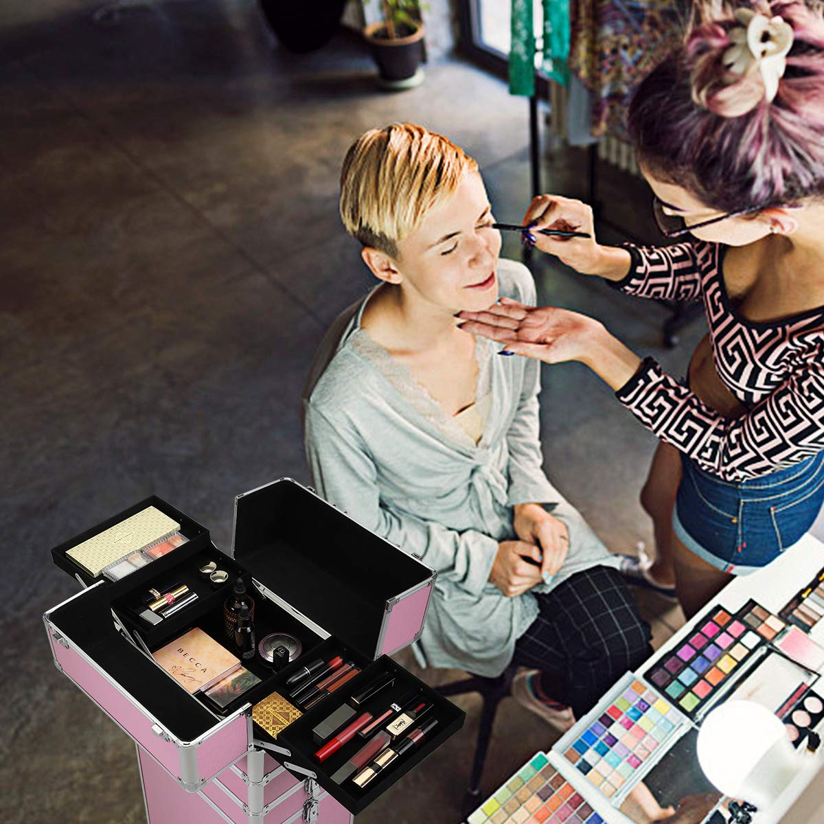 Sandinrayli 4-in-1 Cosmetic Train Case, Professional Aluminum Rolling Makeup Travel Trolley with Adjustable Divider & 4 Removable Spinner Wheels (Pink) : Beauty & Personal Care