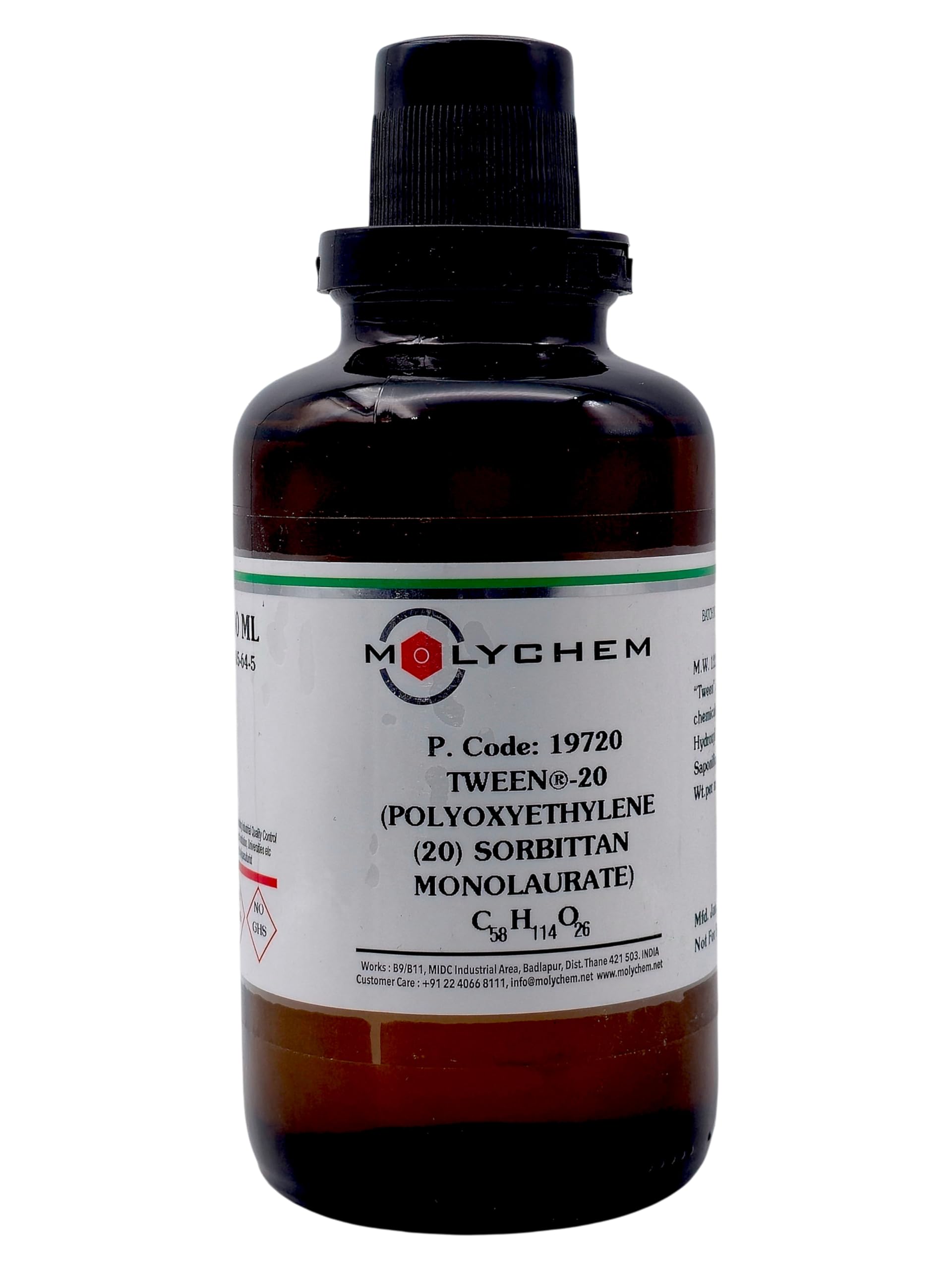 MOLYCHEM Tween 20 (polyoxyethylene 20) Sorbitan Monolaurate extrapure, 500ml, CAS : 9005-64-5, Storage: Room Temperature, Shelf Life: 60 Months, for laboratory and industrial use-image-9