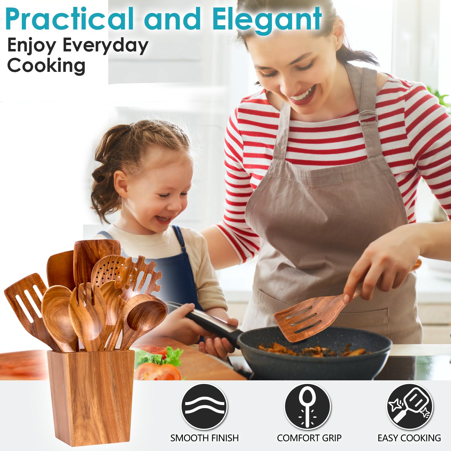 HOWHONG Ensemble d'ustensiles de cuisine en bois d'acacia – 11 cuillères en