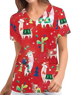 Casaca de mujer de Navidad, cuidado de talla grande con diseño de Navidad, camiseta con bolsillos, casaca, manga corta, cuello en V, ropa de trabajo, uniforme de enfermería, 4-rojo, XL