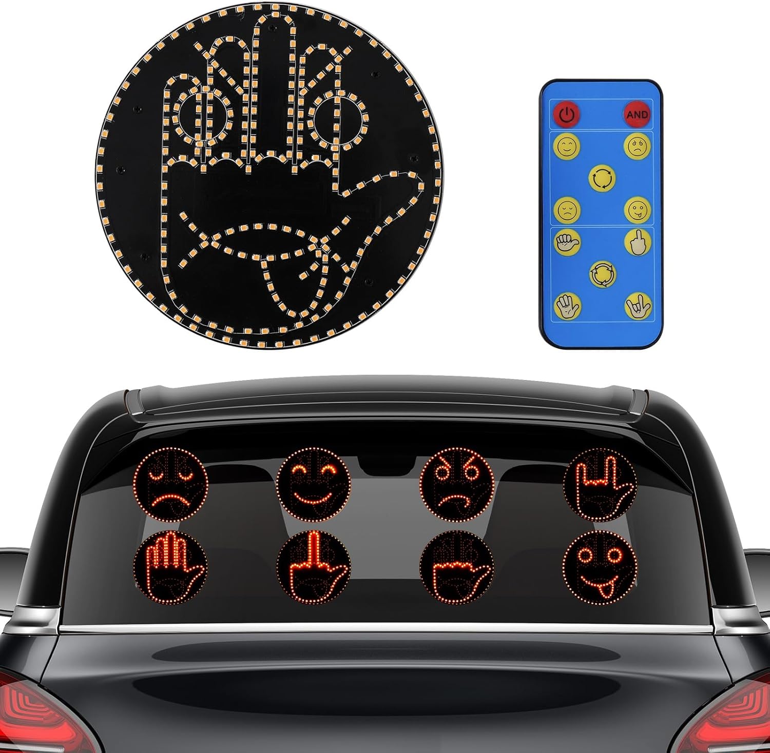 4 Emojis and 4 Gestures Middle Finger Car Light with Remote, Road Rage