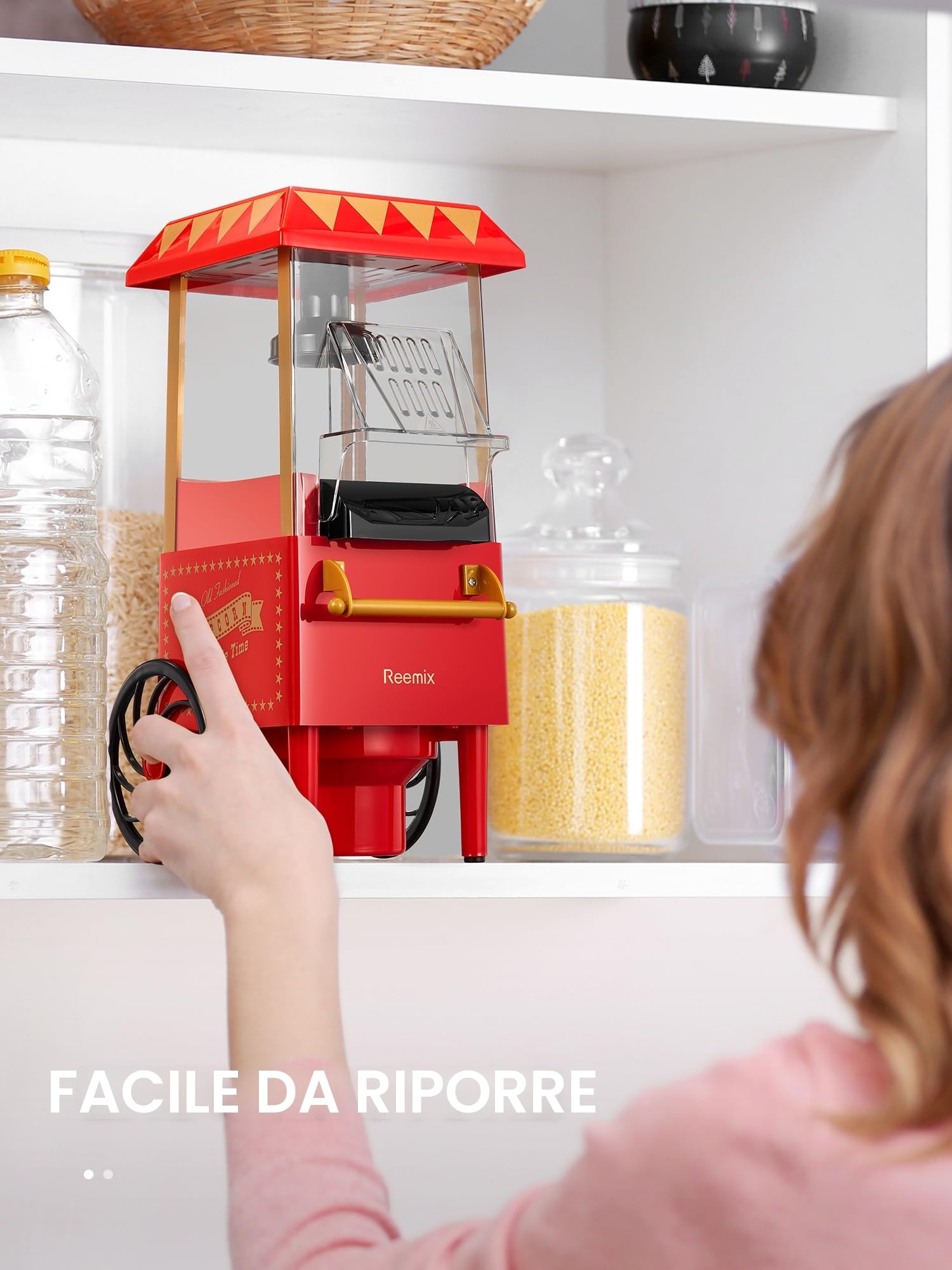 Macchina popcorn, Reemix 1200W Retrò Popcorn Maker, Senza olio, Popcorn fresco fatto in casa in meno di 3 minuti, Utilizza aria calda, Coperchio staccabile, Feste, Serate cinematografiche, Rosso