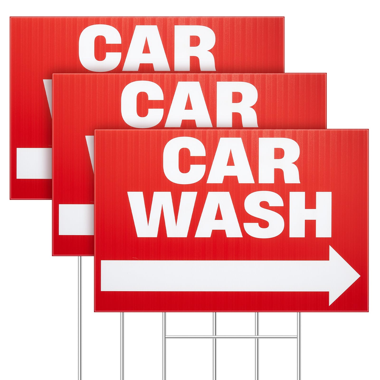 3 Pack Car Wash (Arrow) Yard Sign 16" x 24" Double Sided Outdoor Yard Signs with Metal Ground Stakes, Corrugated Plastic, Red White Print Yard Signs for Car Wash Business Advertising