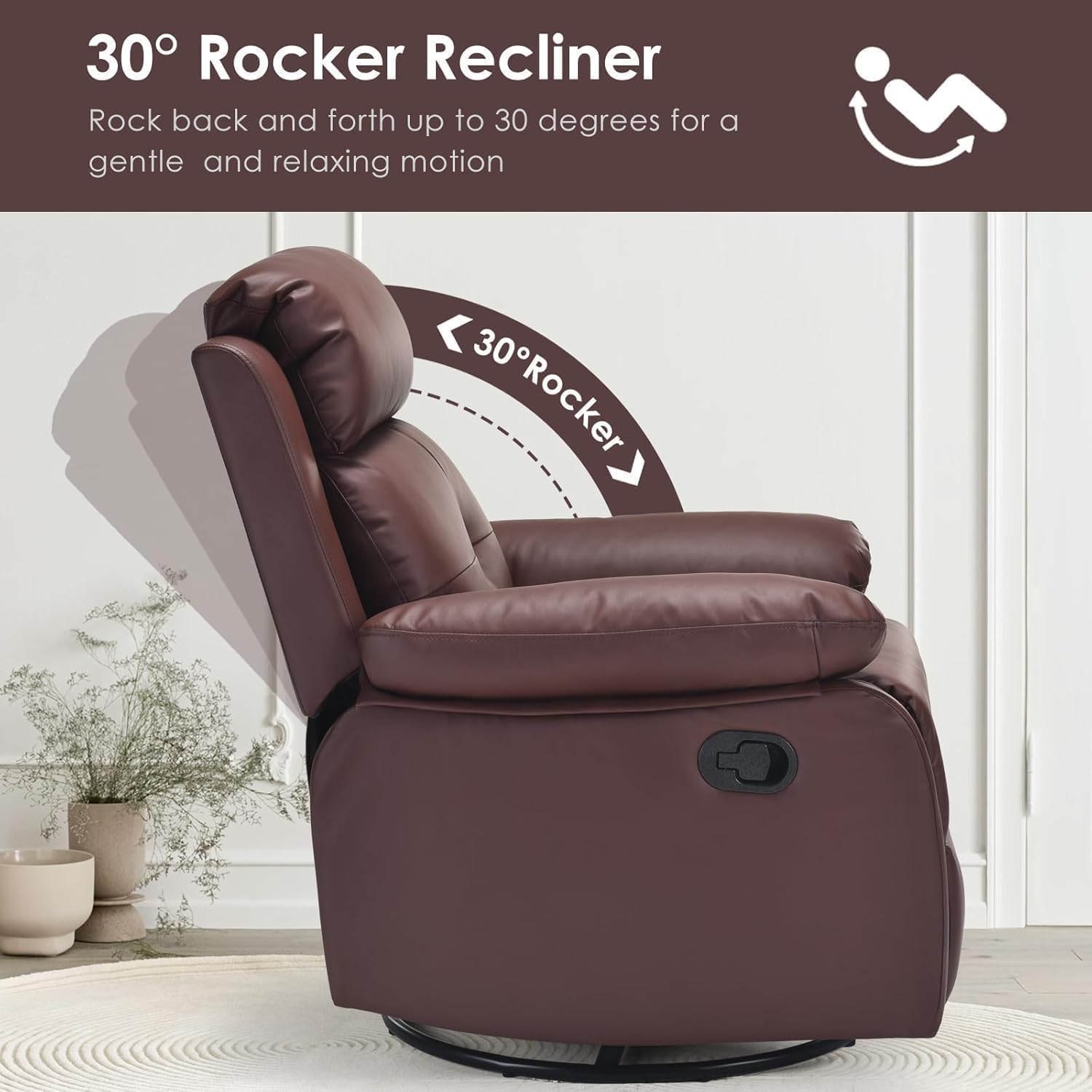 Swivel Rocker Recliner, 360 Swivel Small Recliners with 30 Degree, 90-150 Degree Angle, Faux Leather Lift Chair for Home Theater Seating, Adults, Living Room, Bedroom, Brown