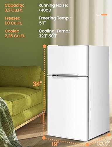 Miniatura 5 de NAFORT Refrigerador compacto de 3.2 pies cúbicos Mini refrigerador de 2 puertas con congelador, refrigerador pequeño con estantes de vidrio