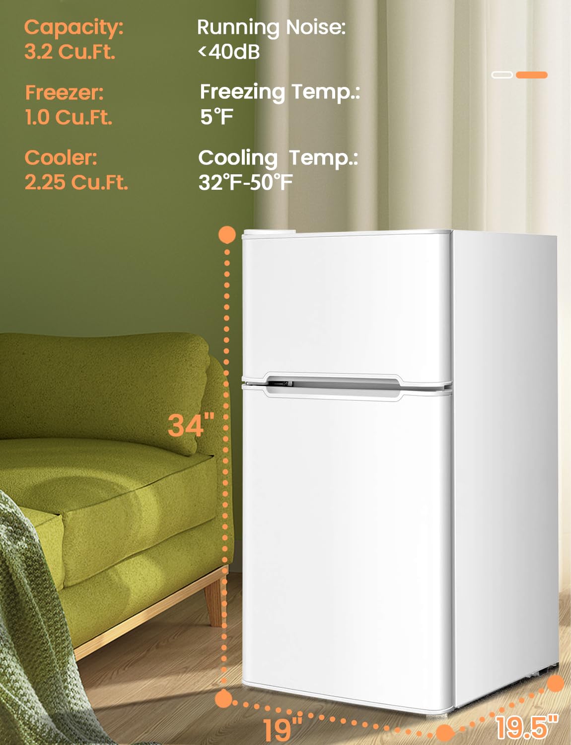 Nafort Compact Refrigerator 3.2 Cu Ft. 2-Door Mini Fridge With Freezer, Small Cooler With Removable Glass Shelves & Crisper, Mechanical Control For Bedroom, Dorm, Office on Fridge.com - View 5