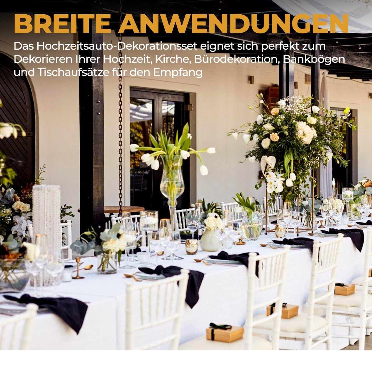 Autoschmuck Hochzeit Motorhaube – 2X 180cm Seidenblumen Girlande Weiß mit Saugnäpfen & 4 Türblüten – Brautauto Deko Set für Türgriffe