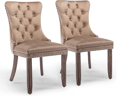 Miniatura 82 de Juego de 6 sillas de comedor de terciopelo, sillas de comedor tapizadas acolchadas con ribete de tachuelas y patas de madera maciza para cocina,
