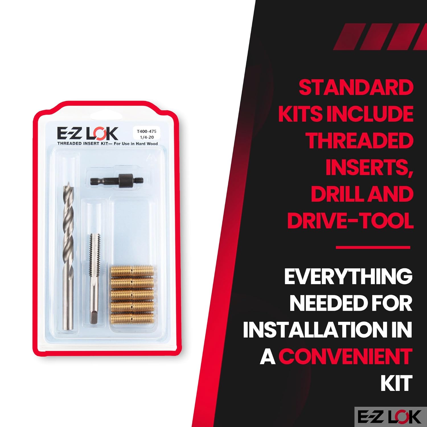 E-Z LOK Threaded Insert Installation Repair Tool Kit for Hard Wood - Includes Brass Thread Inserts, Drill, Tap and Drive-Tool 1/4-20 - 0.75" Length (EZ-T400-475)