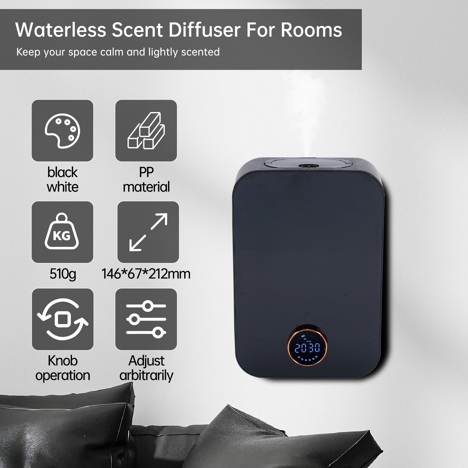 Diffuseur Parfum Maison – Montage Mural, Réglage par Minuterie, Machine D'arômes pour La Maison, l'hôtel, la Touche de Bouton/contrôle Bluetooth, diffuseur huiles essentielles(Noir)