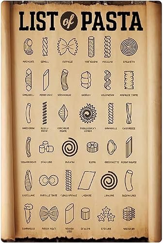 Lista de carteles de lata de metal para pasta, alfabetización de pasta, póster retro, guía de referencia de chef, placas de arte, amantes de la