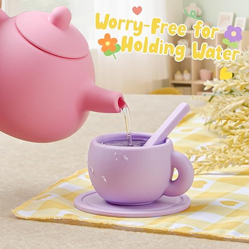 Miniatura 4 de Golray Juego de té de silicona para niños pequeños de 3 a 5 años, juego de 22 piezas de fiesta de té lavable con caja de almacenamientopaño de