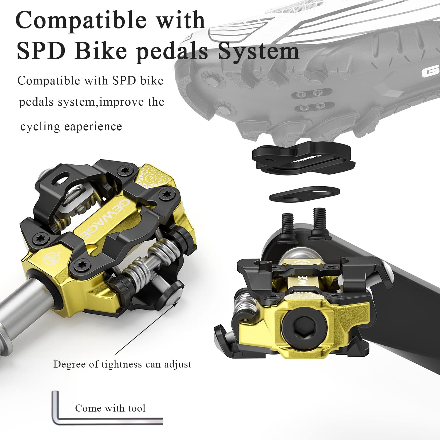 GEWAGE Pedales klick MTB SPD – Aluminio fresado CNC, Sistema SPD Doble Cara, tensión de liberación Ajustable, compatibles con Sistemas SPD, Rosca 9/16", Ligeros (365g), Ideales para MTB