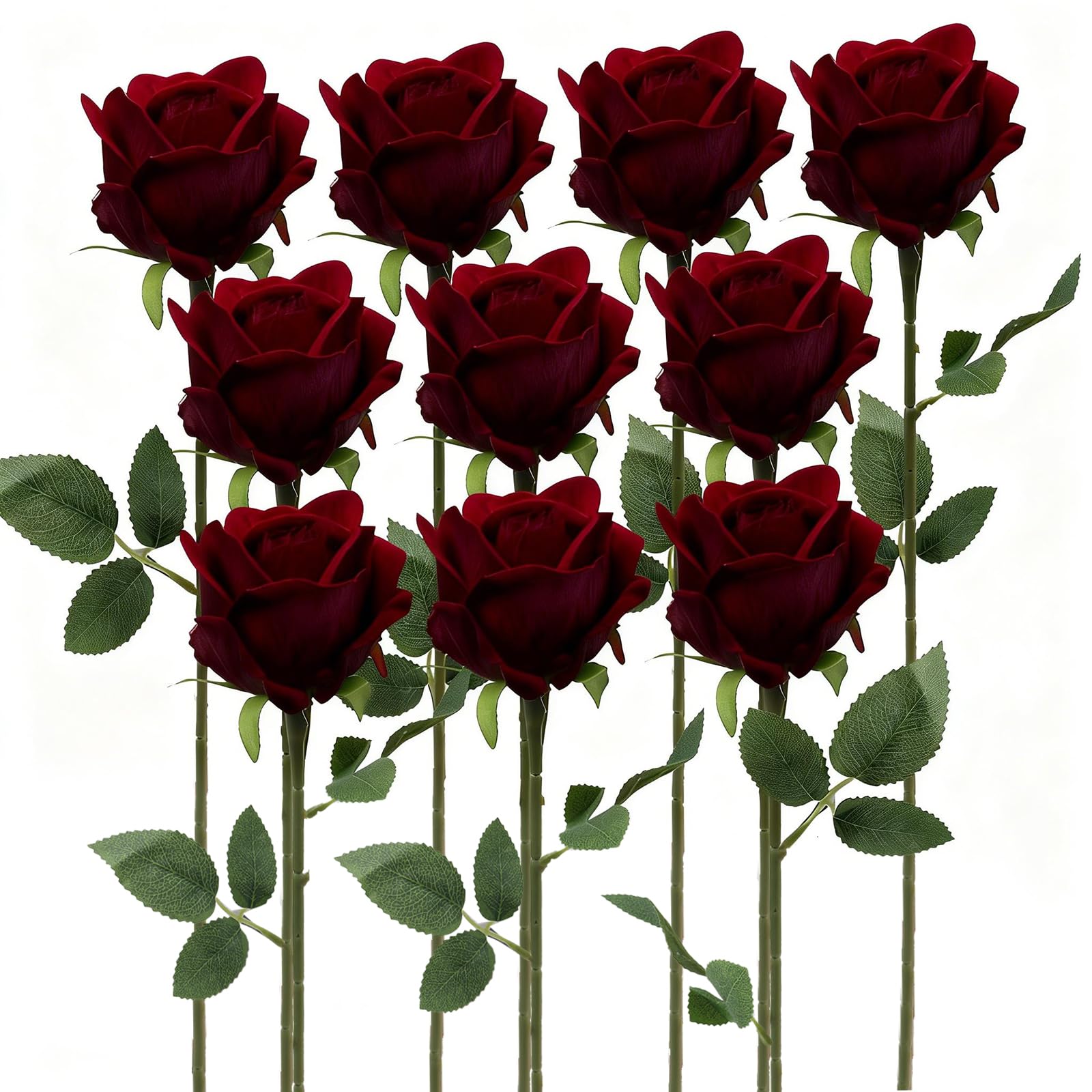 Bovun Red 10 Pcs Artificial Rose Stems Soft-Touch Faux Roses With Long Individual Stems And Rose Buds Realistic Decorative Blooms For Weddings, Home Décor, Garden Displays, And Party Arrangements (Red)