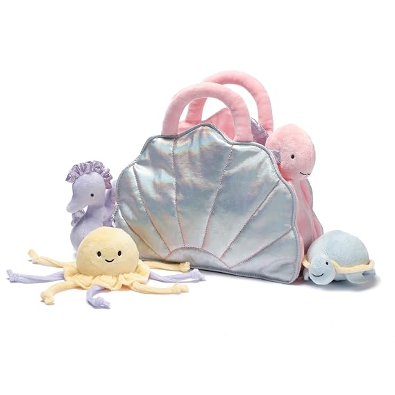 Lambs & Ivy Interactive Aquatic/Sea Shell Plush with Stuffed Animal Toys | Aquatic Playset Includes Sea Turtle, Jellyfish, Seahorse, Fish w/ Iridescent Seashell Bag