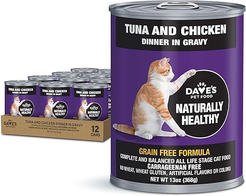 Dave's Pet Food Alimento húmedo sin granos para gatos (cena de atún y pollo en salsa), enlatada naturalmente saludable, vitaminas y minerales