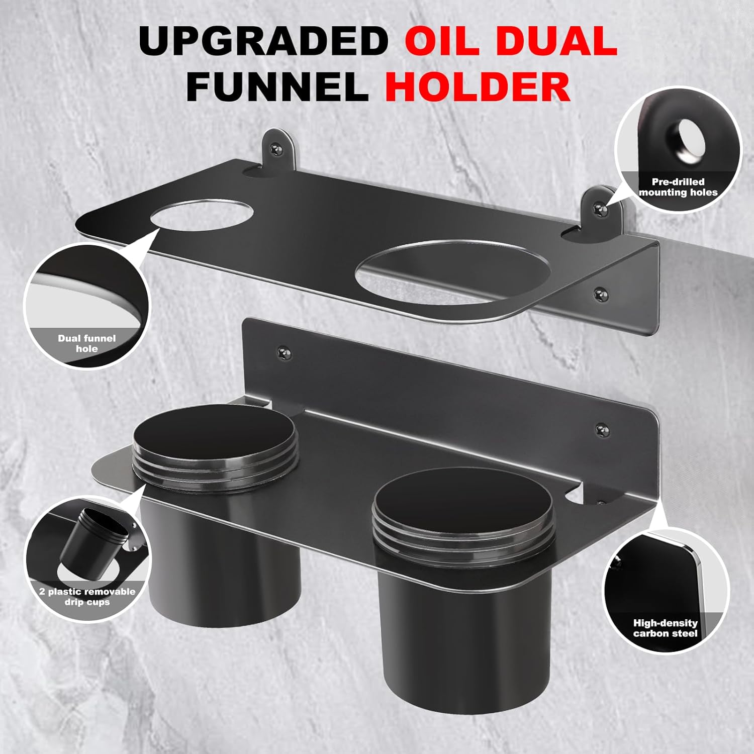 Oil Dual Funnel Holder Storage Rack Includes 2 Plastic Removable Drip Cups, Wall Mount Fluid Drain Funnel Kit Organizer Bracket for Enclosed Race Trailers, Automotive Garage Shop, Black