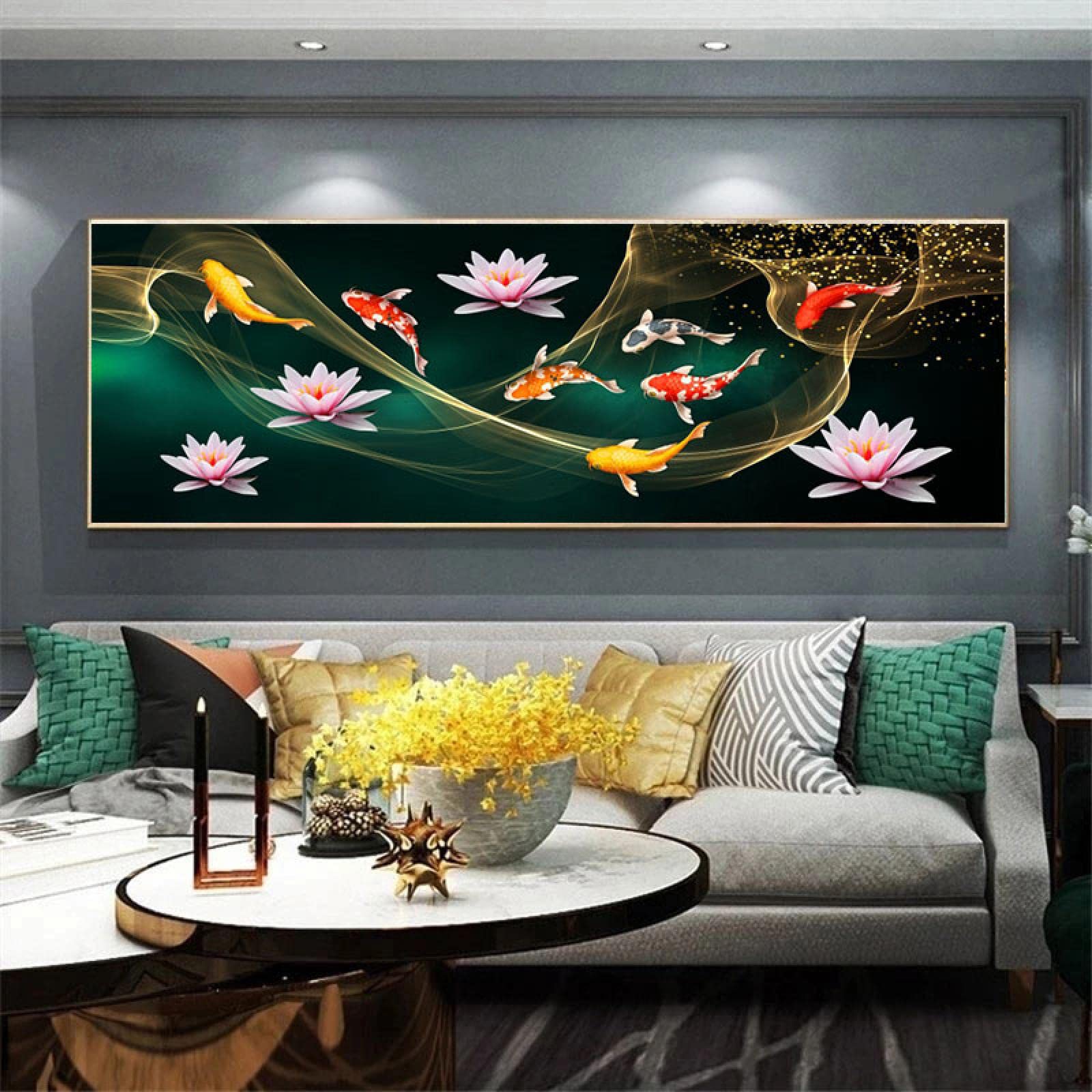ZHMANLUCK Animal Koi Red Gold Fish Ring Lotus Pintura en lienzo grande Panorámica ancha en carteles e impresiones Wall Art Picture Living Room 60x180cm (24x71in) con marco