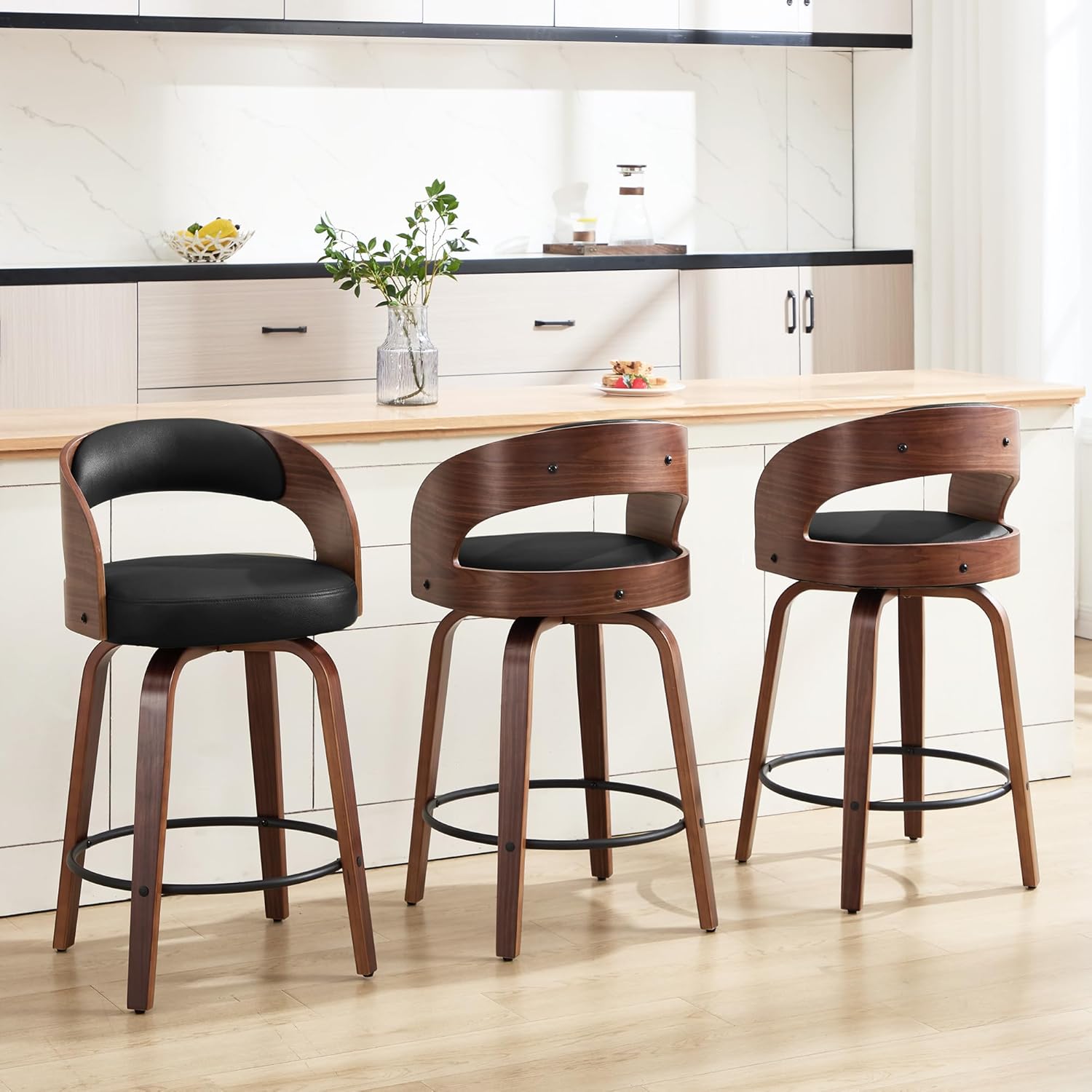 Swivel Bar Stools Set of 3,26" Faux Leather Upholstered Counter Height Barstools with Back,Mid-Century Modern Bar Chairs with Bentwood Legs and Footrest for Kitchen Island Bar Counter Black