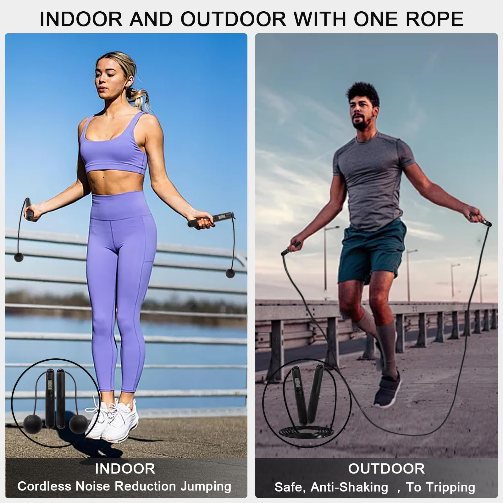 Springseil mit Zähler, 2-in-1 gewichtet, kabellos und kabelgebunden, intelligentes LCD-Display, verfolgt Kalorien, Zeit und Sprünge, verstellbare Länge mit Stahlkugellagern für Zuhause, Fitnessstudio