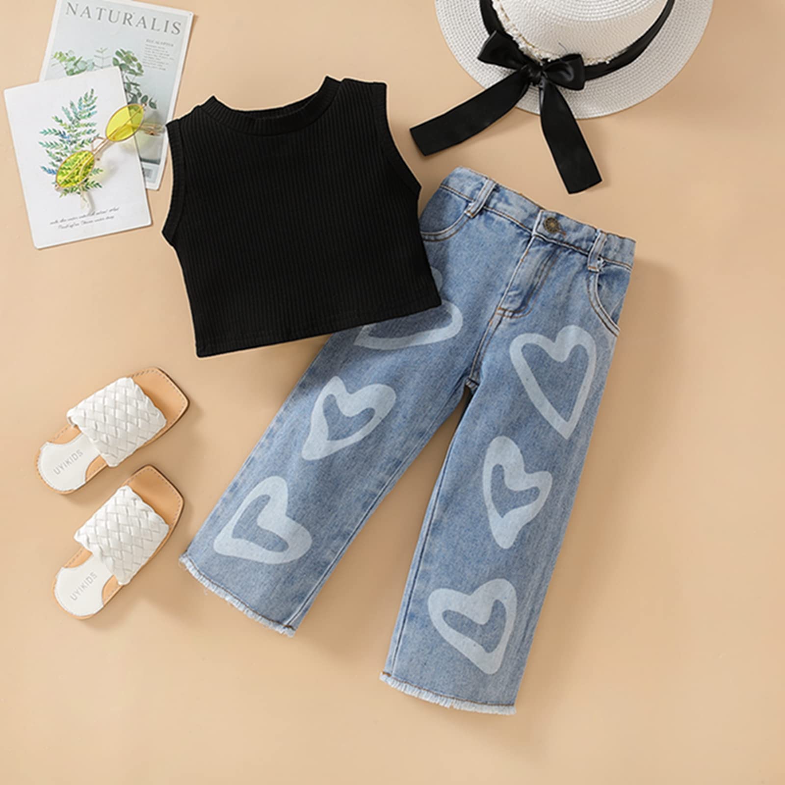 Fanvereka Trajes de verano para niños y niñas pequeñas, camiseta sin mangas, pantalones vaqueros, ropa de primavera
