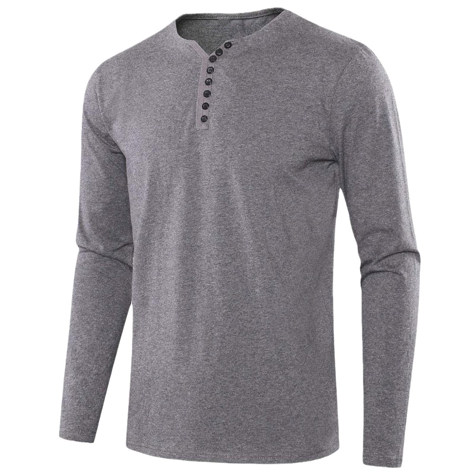 Herren Solid Button Henley Kragen T-Shirt Männer Slim Fit Tee Shirt Langarm Basic Herbst Frühling Männer Kleidung Tops, grau, XL