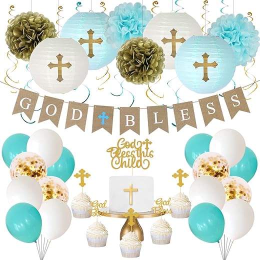 Baptism Decorations for Boys, First Communion Decorations, Christening Decor 1st Holy Communion Party Supplies God Bless Banner Blue Party