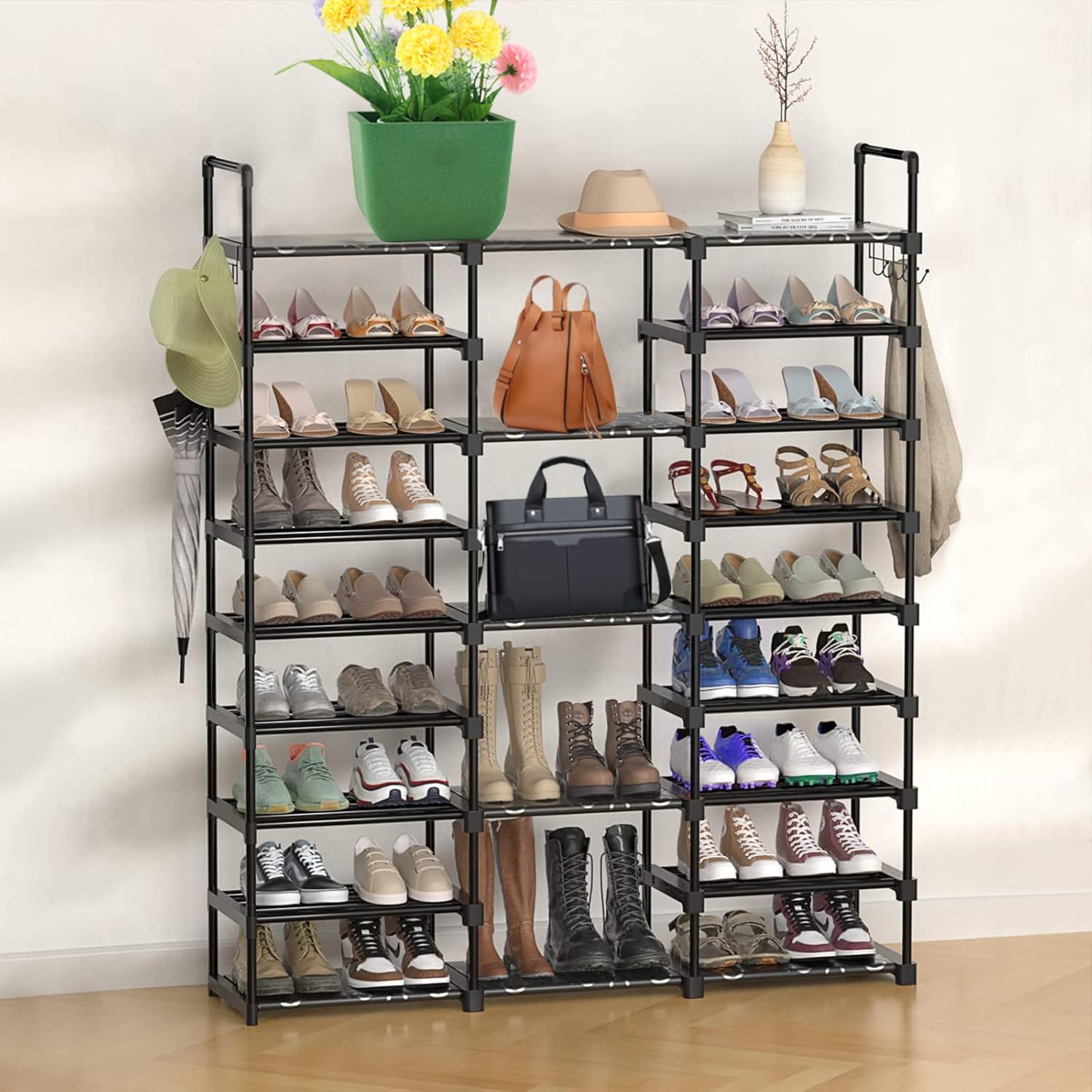 9-Tier Shoe Rack Storage Organizer, Shoe Shelf for Holds 50-55 Pairs Large Shose Stand with Adjustable Side Hooks for Entryway and Hallway