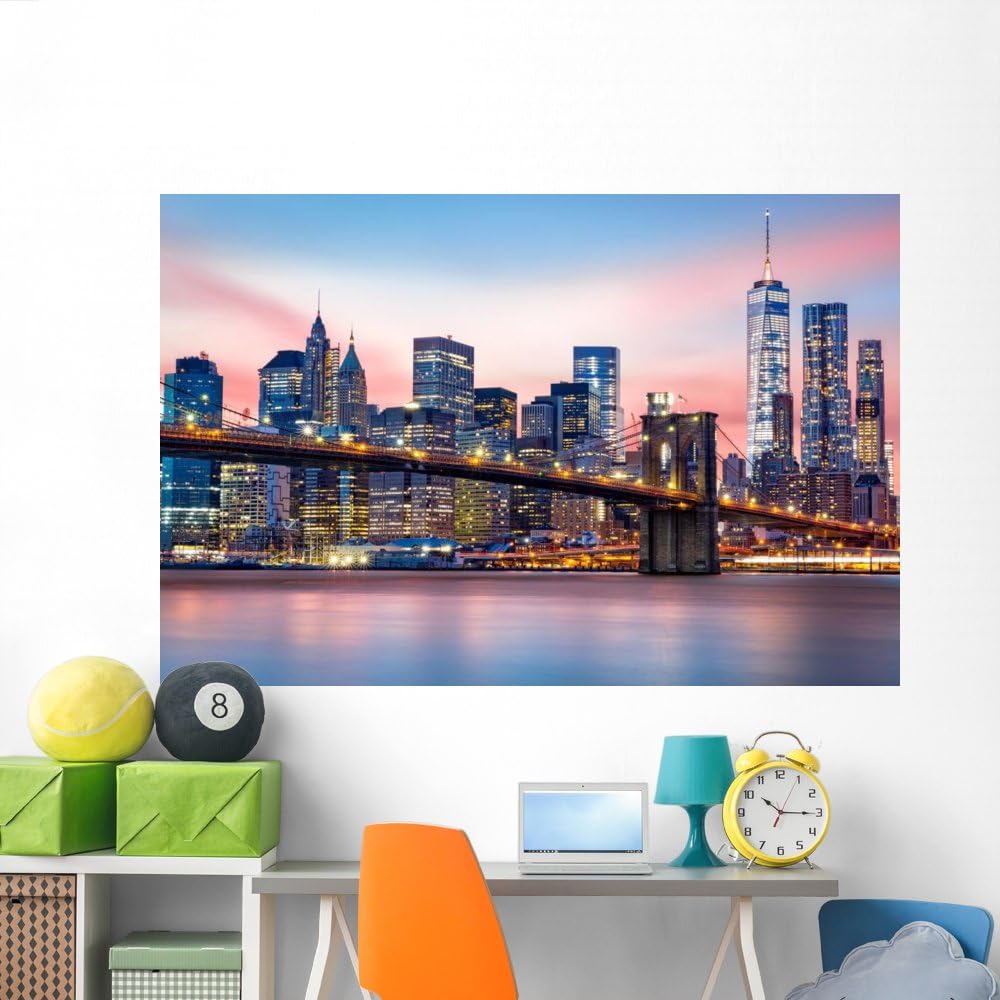 Wallmonkeys WM361274 Brooklyn Bridge at and The Lower Manhattan Skyline Under a Purple Sunset Peel and Stick Wall Decals, 72" W x 48" H-Colossal