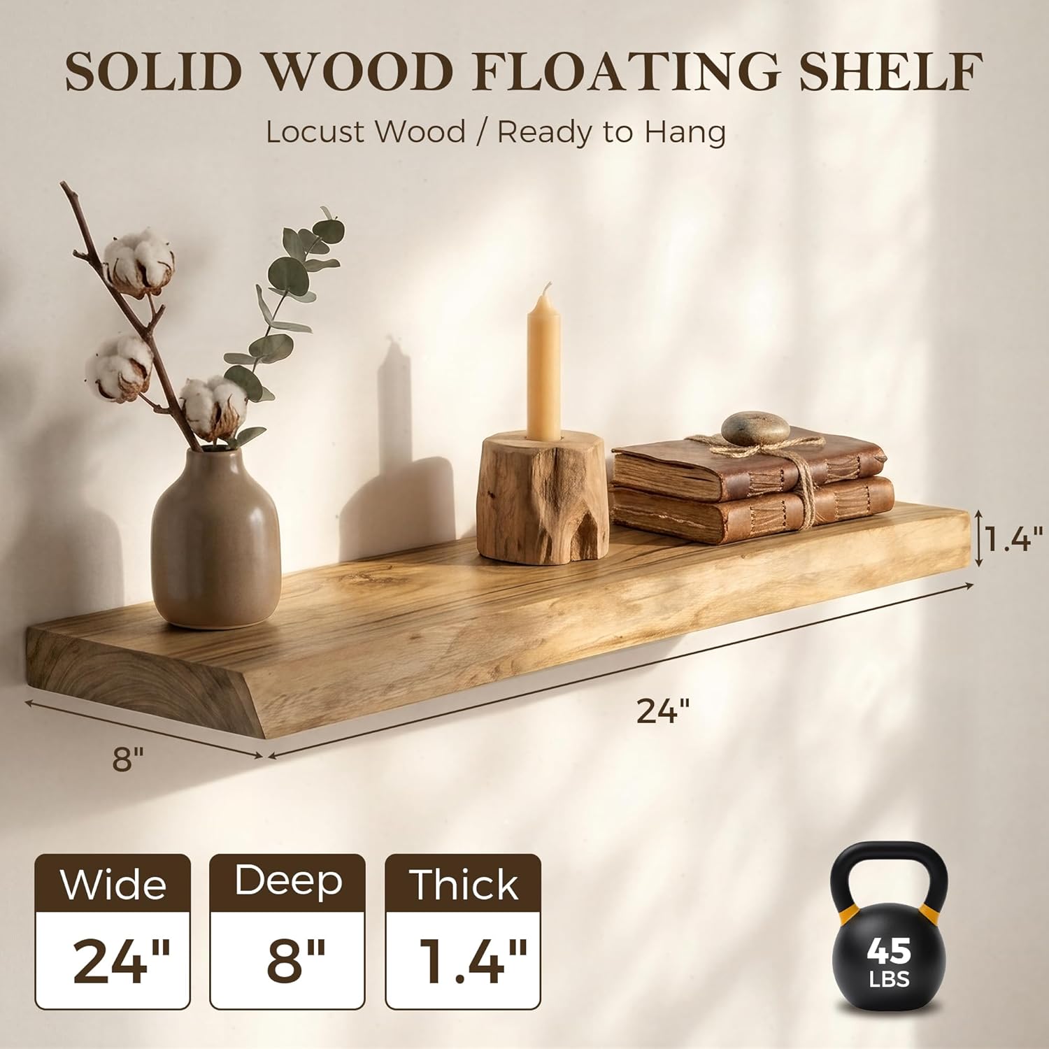 Acovy 24" Long 8" Extra Deep Live Edge Solid Locust Wood Floating Shelves, Invisible Bracket Mount, Set of 2 Natural Rustic Wall Shelves for Living Room Bathroom Bedroom Kitchen
