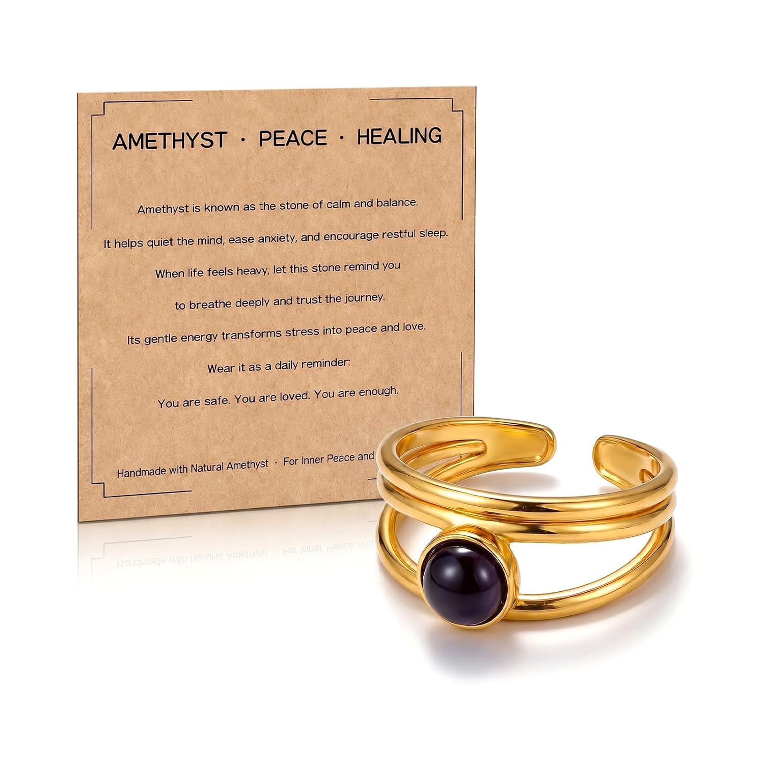 Black Obsidian Ring with Inspirational Card Gold Tone Wrapped Knot Ring Natural Crystal Jewelry Spiritual Gift for Women Adjustable Open Band Birthday Gifts for Women
