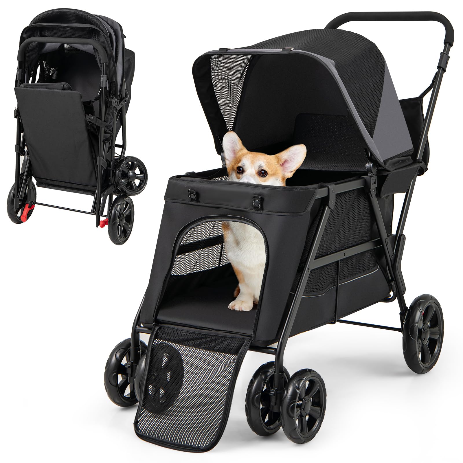 GYMAX Pet Stroller for Small Medium Dogs, Foldable Dog Pram Pushchair with Dual Entry, Ramp, Adjustable Canopy, Safety Belt, 4 Wheels Pet Travel Cart