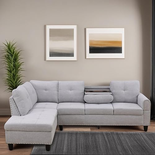 Miniatura 8 de FONTOI Sofá modular en forma de L, sofá modular moderno de 4 asientos con portavasos y ribete de cabeza de clavo, sofá en forma de L de piel gris