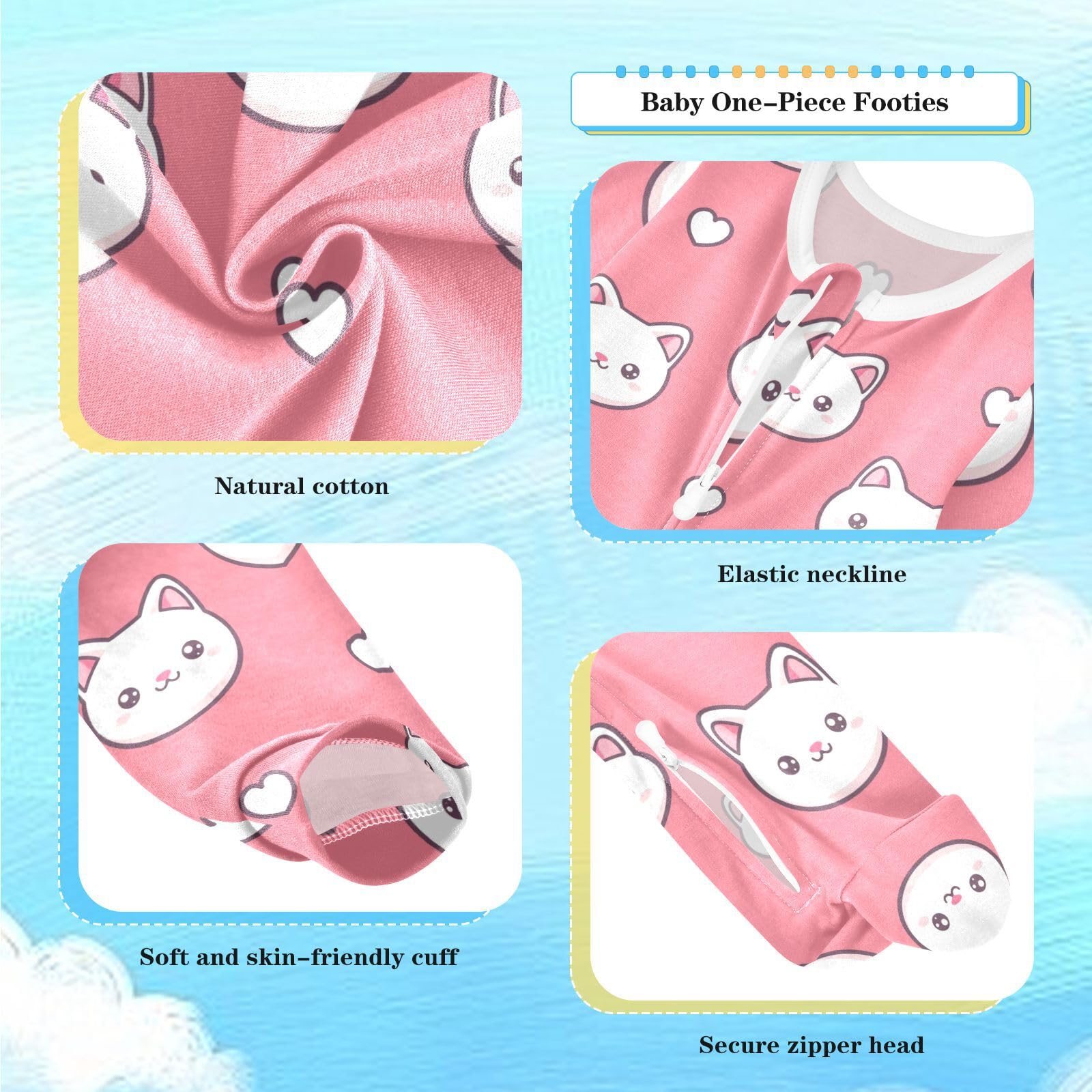 Dussdil White Cats Hearts Kitten Baby One-Piece Footies Kitty Newborn Rompers Pajamas Cotton Footed Pjs for Sleep Play Boys Girls 9 Month