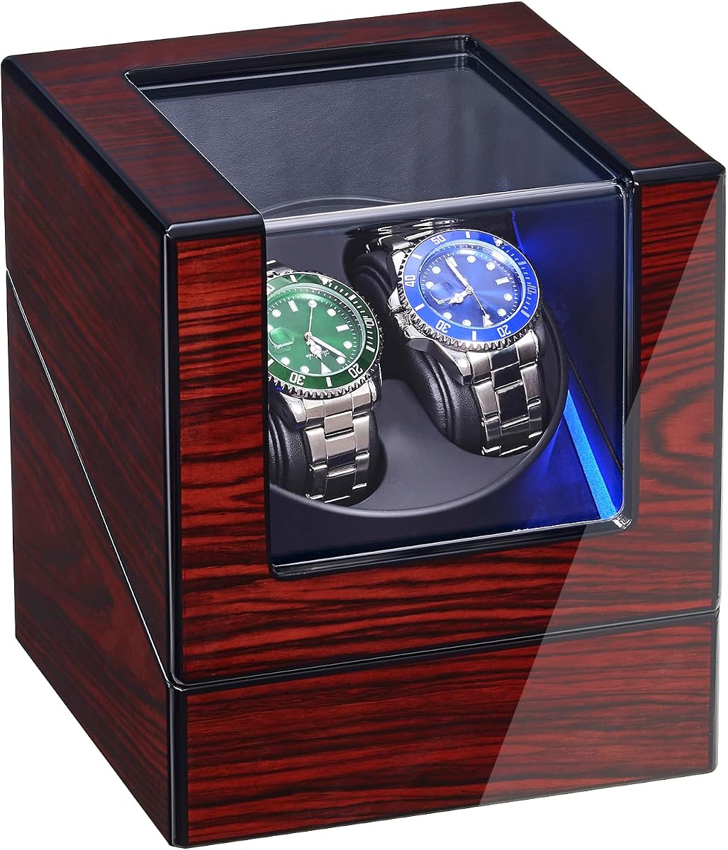 Watch Winder for Automatic Watches Double Automatic Watch Winder | Super Quiet Motor, Flexible Watch Pillows LED Backlight Wooden Watch Winder Box, 4 Modes Battery or Type-C Adapter UJWW001Y