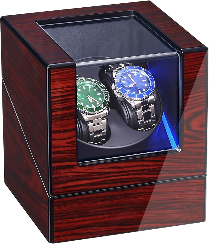 Watch Winder for Automatic Watches Double Automatic Watch Winder | Super Quiet Motor, Flexible Watch Pillows LED Backlight Wooden Watch Winder Box, 4 Modes Battery or Type-C Adapter UJWW001Y
