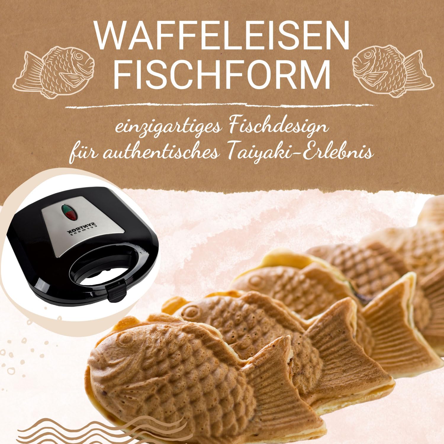 Syntrox Taiyaki Maker | Grill | Fisch Waffeleisen Fischform | Japanisches Gebäck, 750W, japanische Süßspeisen, Überhitzungsschutz, Küchenhelfer, rutschfeste Backplatte, Edelstahl