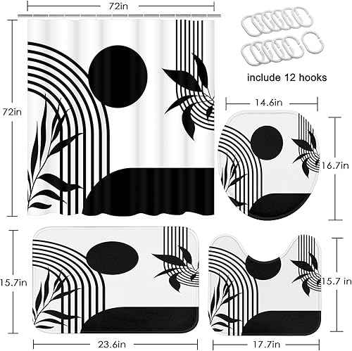 Miniatura 9 de Tayney Juego de cortina de ducha bohemia de mediados de siglo con tapa de inodoro y alfombras antideslizantes, juego de 4 cortinas de ducha botánico