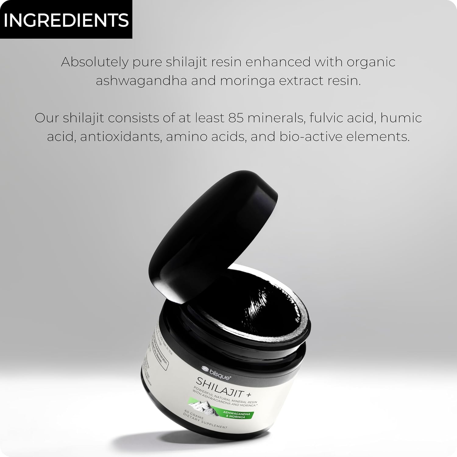 Blisque - Pure Himalayan Organic Shilajit Resin Supplement | with Organic Ashwagandha and Moringa | Authentic and Natural | Golden Grade A | Contains Fulvic Acid and Trace Minerals | 60 Grams - Image 4