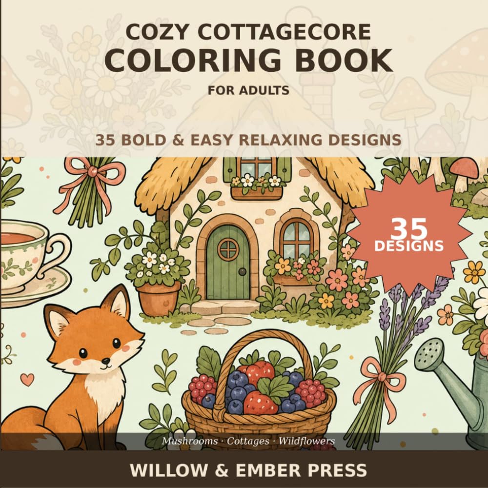Bold & Easy Cozy Cottagecore Coloring Book for Adults: 35 Relaxing Mushroom, Cottage, and Wildflower Designs for Stress Relief