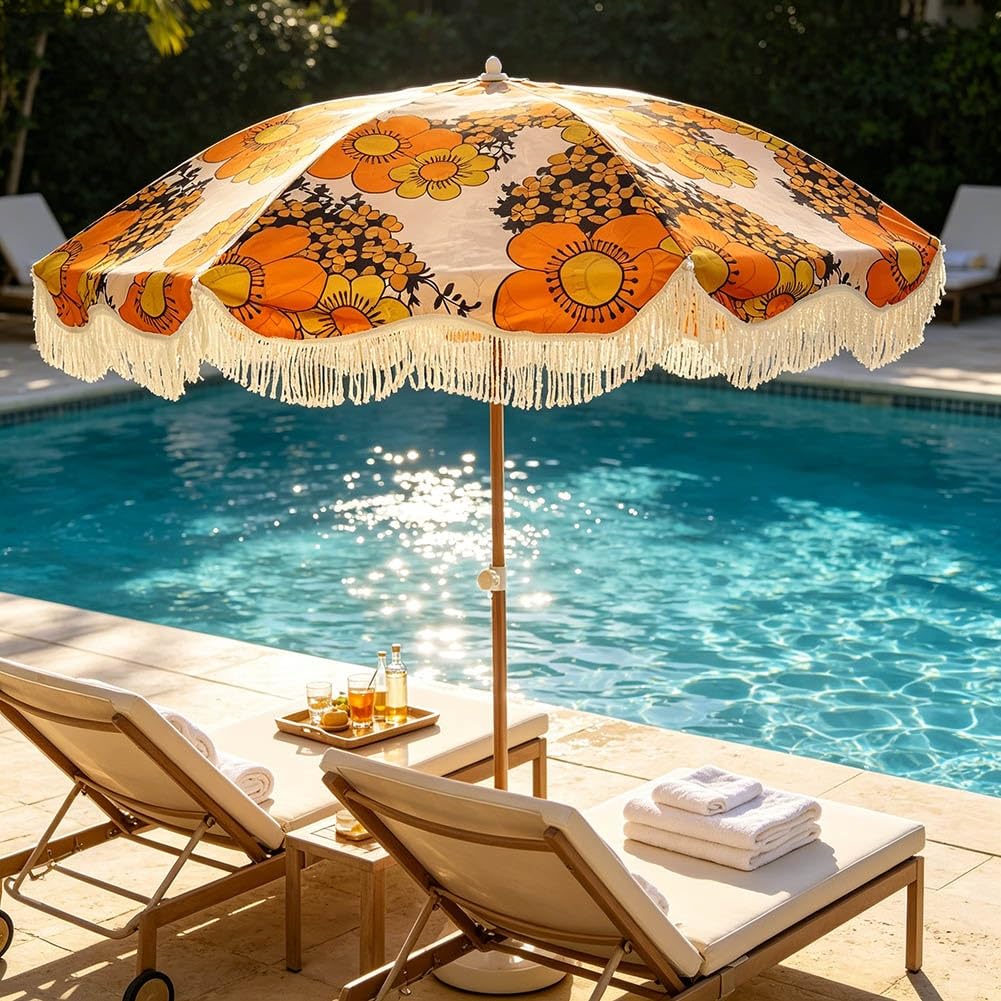 200 cm Parasol Ogrodowy w Boho z Frędzlami, Vintage Odchylany Parasol Ogrodowy, Baldachimem z Nadrukiem do Basenów Plażę