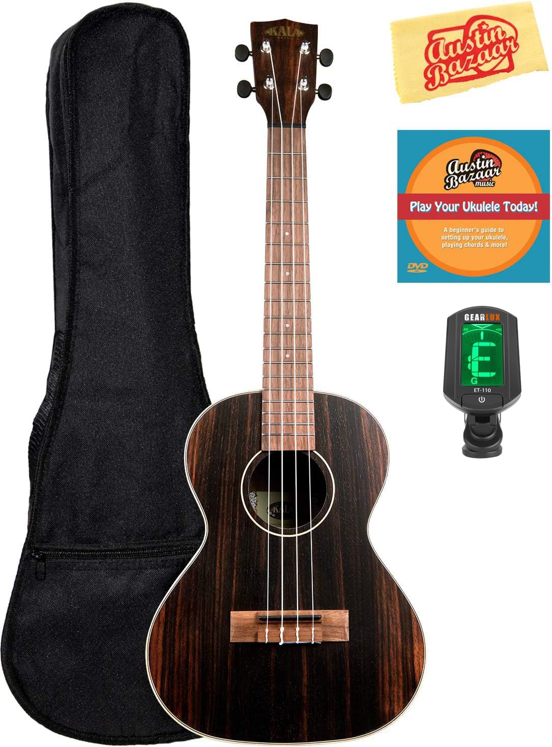 Kala KA-EBY-T Striped Ebony Tenor Ukulele Bundle with Gig Bag, Tuner, Austin Bazaar Instructional DVD, and Polishing Cloth